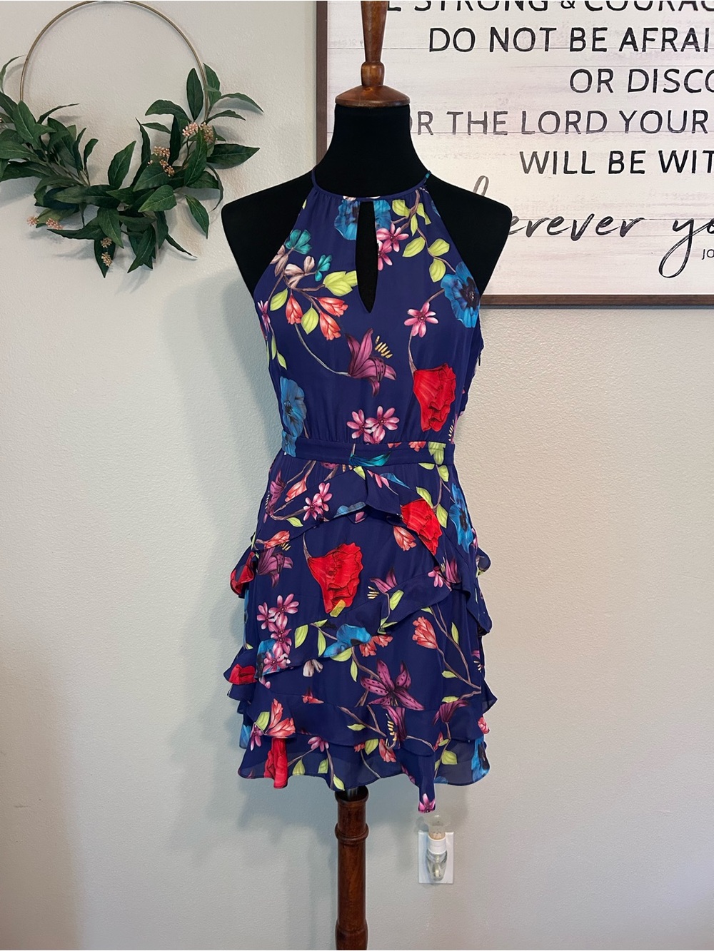 Parker Navy Floral Halter Ruffle Dress